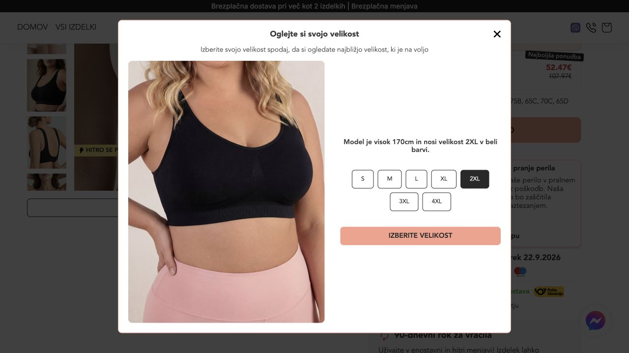 Madamshape’s size viewer shows an alpha size and model height; its 2XL view pairs a black bra image with a white-color caption.