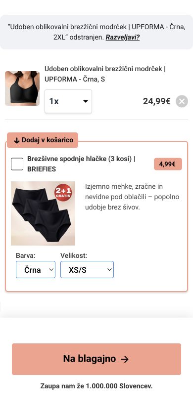 The inspected mobile cart shows an item price, a prominent BRIEFIES cross-sell and checkout, without a visible order subtotal.
