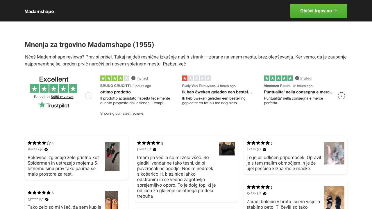 A Madamshape review heading, a Trustpilot widget linking to HS Plus, and reviews of unrelated products appear on the same page.