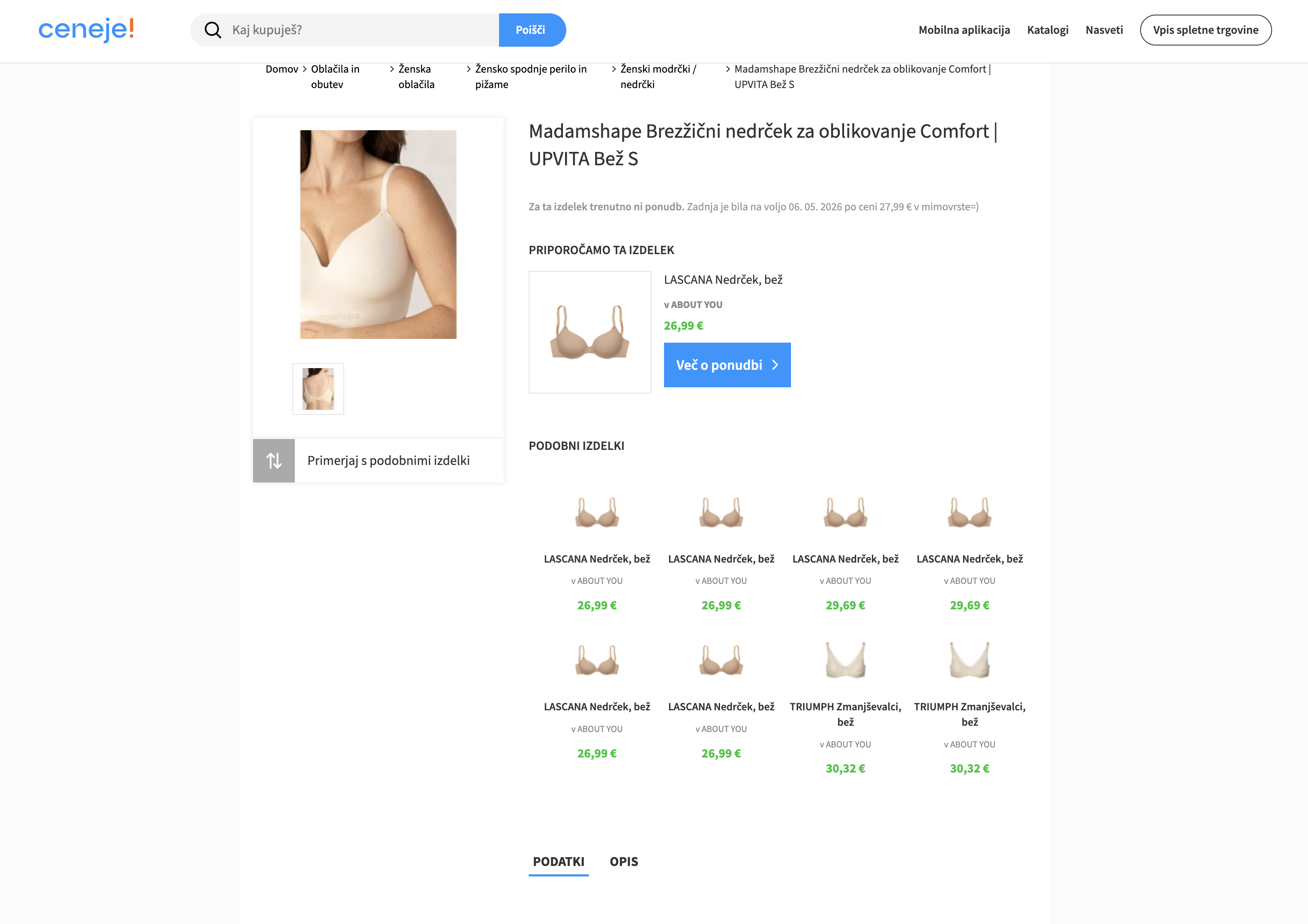 The supplied Ceneje UPVITA listing states no current offers and shows alternative products.