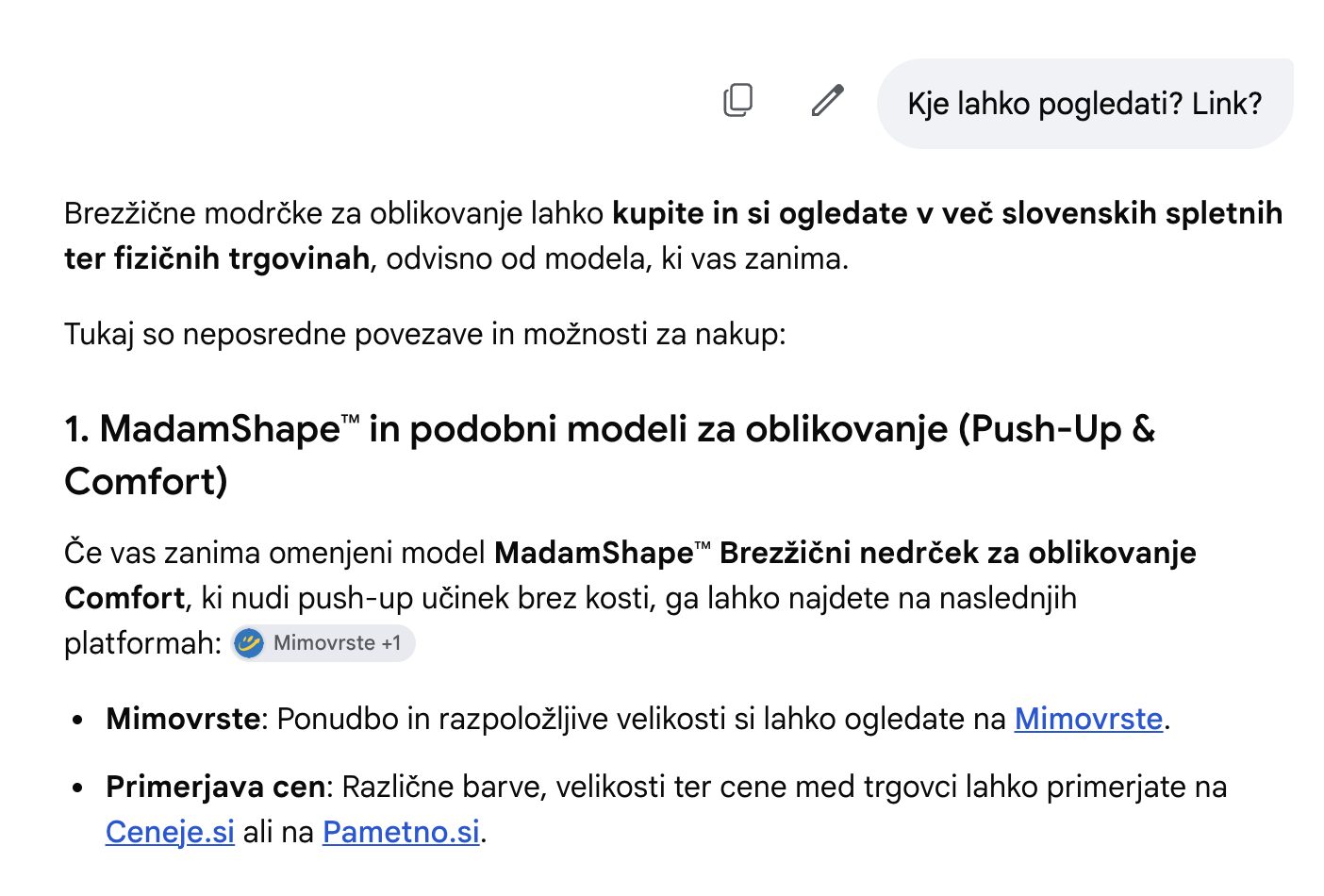 The supplied AI response references Mimovrste, Ceneje.si and Pametno.si for Madamshape product discovery.